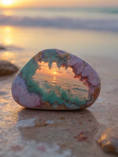 macro photo of an ocean jasper polished large stone, light pink, deep sea-green, lilac, and light-blue heavenly pattern that resembles sunset clouds over ocean, surrounded by tidepools on a rocky tropical beach shoreline at sunset, perfect composition, backlighting, ethereal, golden hour, vibrant colors, sparkling stone, professional lighting, glowing from within <lora:MJ52:.6>