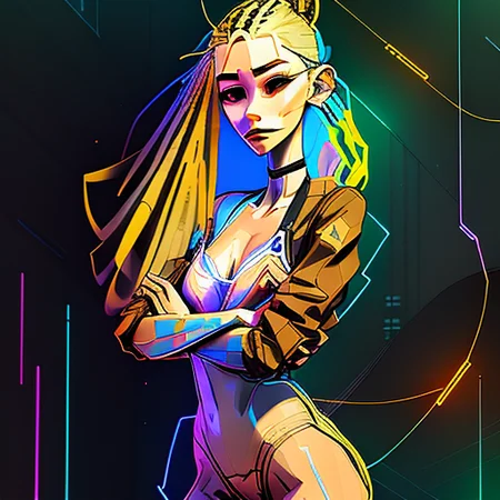 glitch art full body portrait of a strapping, waif-like, Surprised Communist woman, Intricate, lonely, with blond braids wearing bunny suit , digital art, trending on artstation, highly detailed, fine detail, intricate, outrun, vaporware