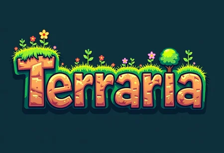 A pixelated logo inspired by retro video games, that says "Terraria", featuring vibrant green grass growing over blocky letters, each designed with earthy tones of dirt and rock. The text feels organic, with small plants and flowers sprouting from the tops of the letters, as if emerging from the ground. The overall design embraces a charming, pixel-art style, with soft gradients and slight pixelation for a nostalgic, 16-bit aesthetic. The colors are bold, with a bright green outline and earthy browns and grays in the text.