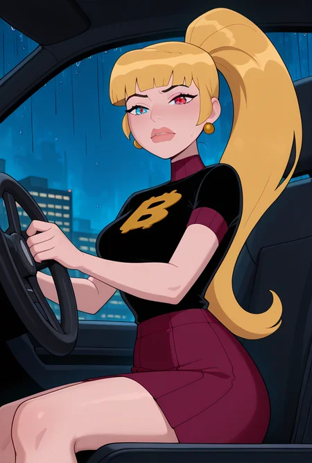 <lora:mazuma-10:1> mazuma, blonde hair, ponytail, long hair, 1girl, earrings, black shirt, short sleeves, short skirt, red blue eyes, heterochromia, shirt over skirt, lips, maroon skirt, ((cartoon, screencap)), dynamic pose, expressive, amazing quality, best quality, facial expression , foreground blur, background blur, driving car, hands on steering wheel, raining from car window, night time,, masterpiece, best quality, amazing quality, very aesthetic, absurdres, newest,