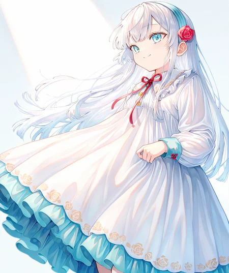 intricately detailed illustration, shiny skin, masterpiece, best quality, amazing quality, very aesthetic, newest, scenery, (volumetric lighting:1.1), full color, clear line, solo, <lora:nia_liston_v01:1>, nia_liston, long hair, white hair, bule eyes, white dress, blue underskirt, rose headband, smile, upper body, simple background, <lora:LECO_BadHands:1.2>, <lora:LECO_GoodHands:-1.2>, <lora:cfg_scale_boost:0.7>