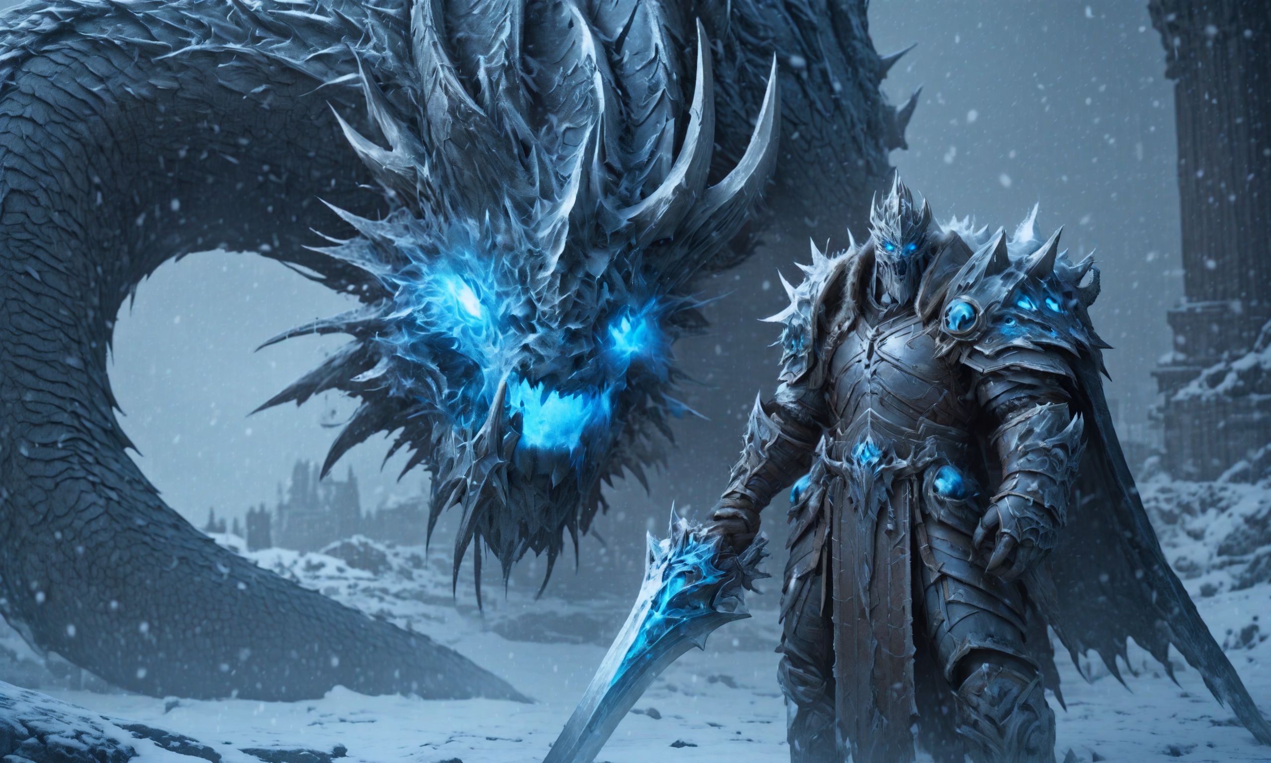 deathknight style,a powerful artifact that can grant immortality is guarded by a powerful dragon,8k,masterpiece,realistic,glowing eyes,epic,trending on artstation,hyperdetailed photography,sharp focus,frost theme,(philip kennedy johnson:1.2), <lora:deathknightsyleXL-000004:0.7>,snowing
