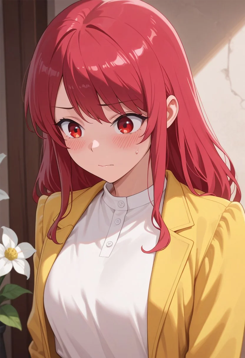 masterpiece,best quality,amazing quality, leeler sophia, red hair, red eyes, long hair, 1girl, solo, flower, white shirt, sweatdrop, shirt, blush, upper body, yellow jacket, closed mouth, white flower