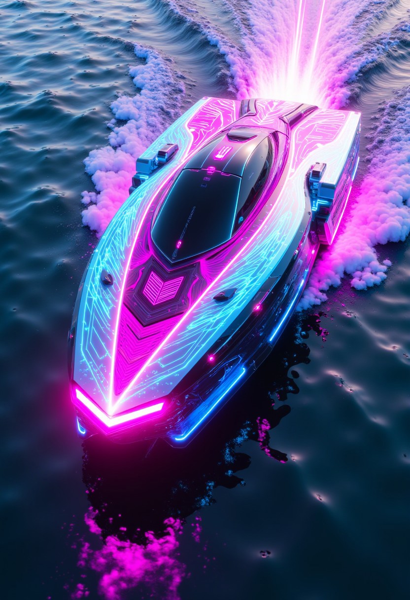 ck-rw, in the style of ck-rw, image of vibrantly-coloured, highly advanced speedboat moving rapidly over the ocean the hull is a flat wedge-shape with a square front, the cockpit shows glowing led lights, and has a large air intake