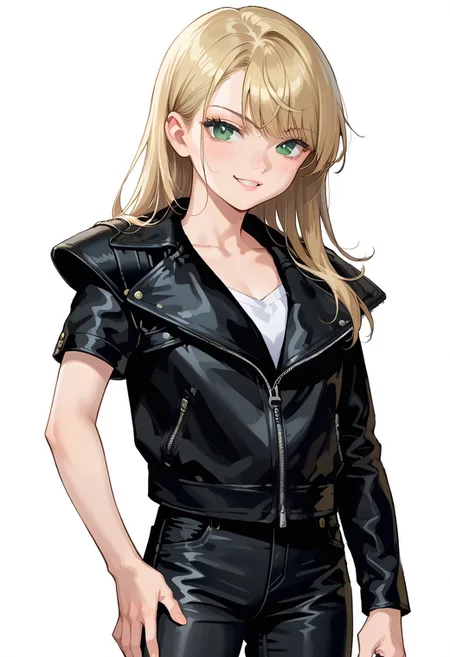 score_8, score_8_up, score_7_up, source_anime, anime screenshot, 1girl, solo, female focus, blonde hair, green eyes, long hair, straight hair, looking at viewer, smug, leather jacket, asymmetrical clothes, asymmetrical sleeves, single pauldron, zipper, zipper pull tab, cowboy shot, black pants, leather pants simple background, white background