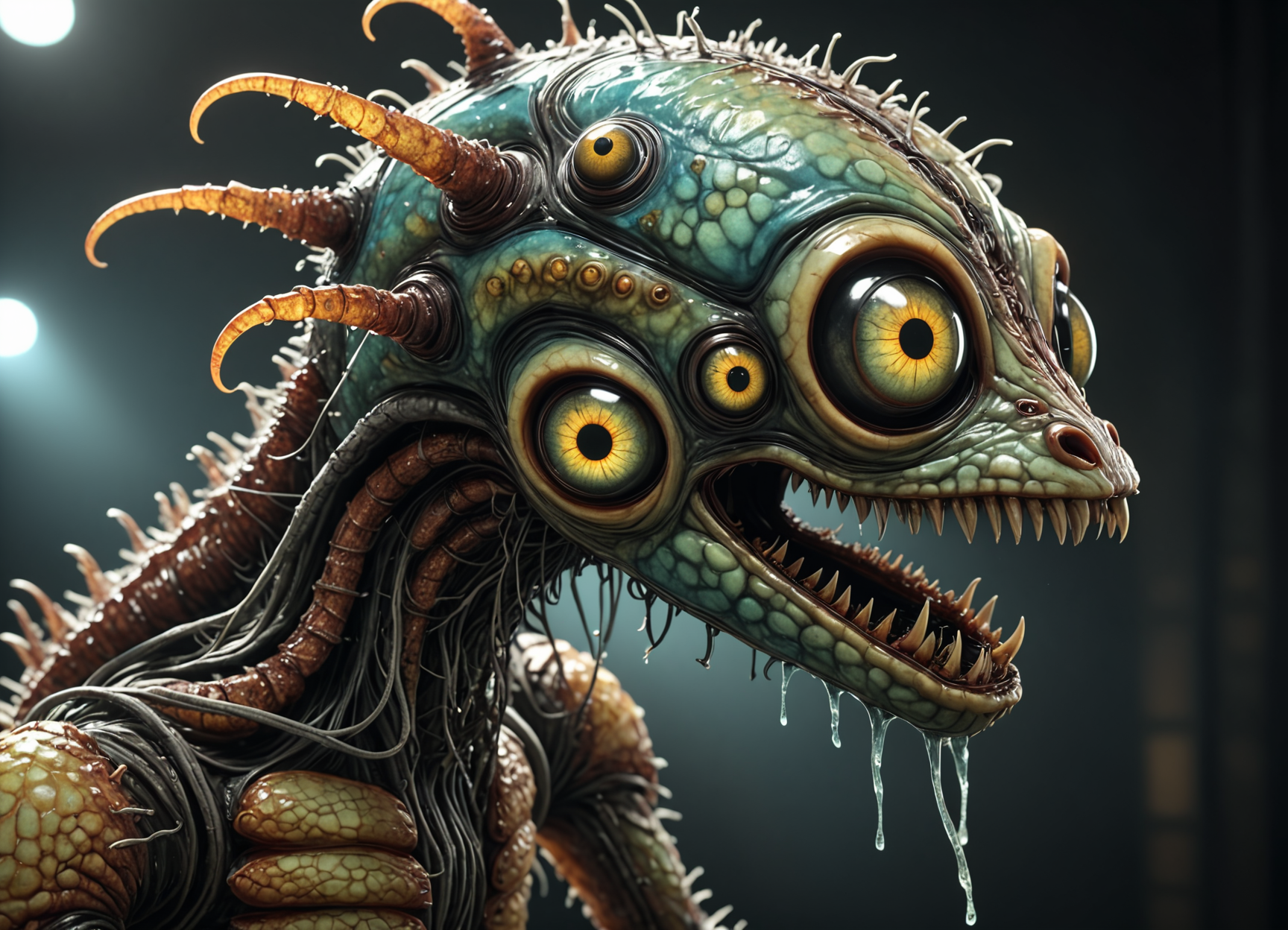 robot with a metal Tuna mask, realistically scary eyes, wires creating a long neck, body covered in Leathery Skin, sharp metal Multi-Jointed Appendages, in a dark room; realistic, in 4k, horrifying, and nightmare fuel. <lora:TheWeirdies:0.75> TheWeirdies, animal focus <lora:add-detail-xl:1>  , subsurface scattering, Photorealistic, Hyperrealistic, analog style, realistic, film photography, soft lighting, heavy shadow