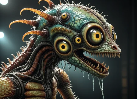 robot with a metal Tuna mask, realistically scary eyes, wires creating a long neck, body covered in Leathery Skin, sharp metal Multi-Jointed Appendages, in a dark room; realistic, in 4k, horrifying, and nightmare fuel. <lora:TheWeirdies:0.75> TheWeirdies, animal focus <lora:add-detail-xl:1>  , subsurface scattering, Photorealistic, Hyperrealistic, analog style, realistic, film photography, soft lighting, heavy shadow