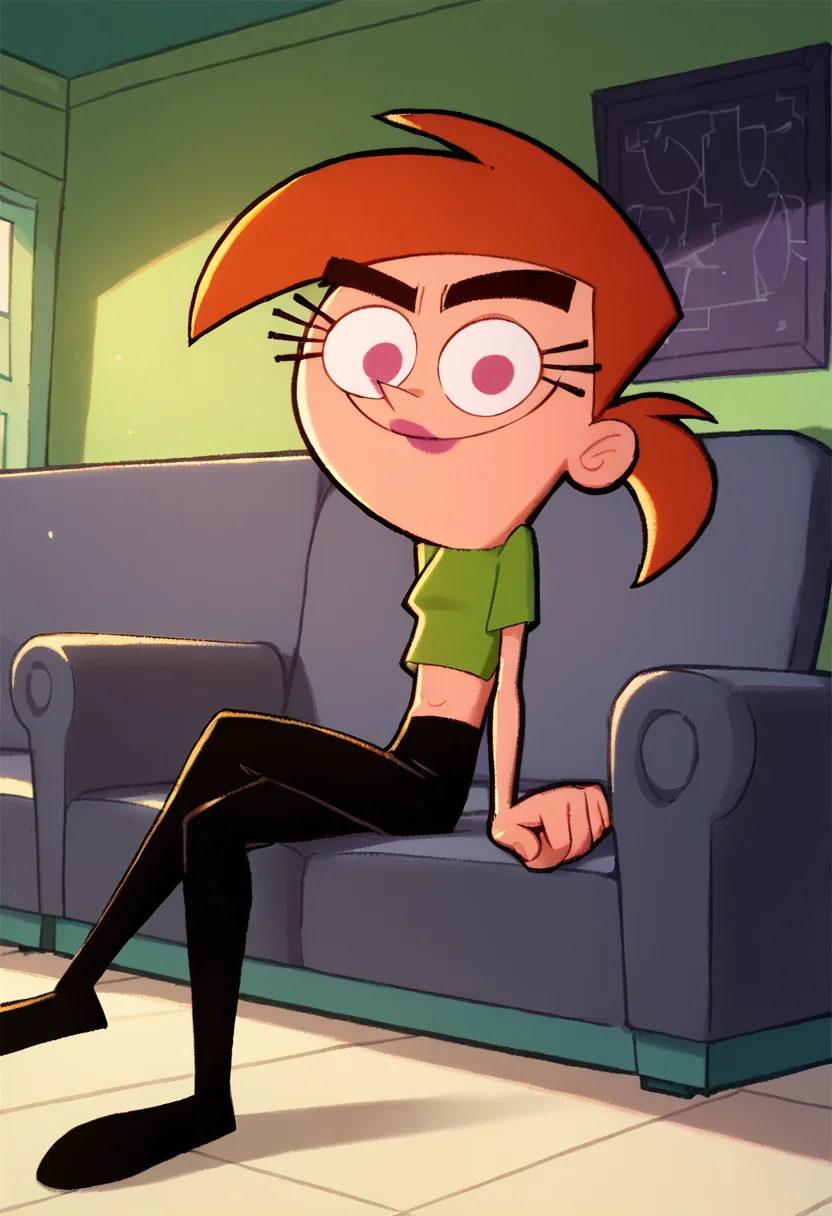 <lora:Vicky2.0:1.0> vicky, orange hair, solo, midriff, 1girl, green crop top, pink eyes, black pants,lipstick,thick eyebrows, score_9, score_8_up, score_7_up, score_6_up, score_5_up, score_4_up, looking at viewer,sitting, indoors, crossed legs, smile,