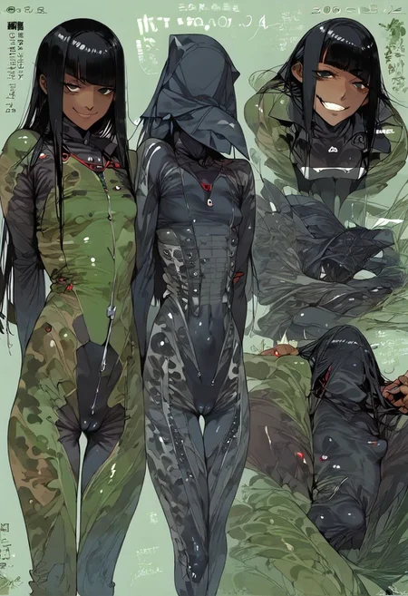 score_9, score_8_up, score_7_up, score_6_up, score_5_up, score_4_up, 1girl, black eyes, green tree, ((midnight)), tilted angle, loop lighting, (((forest))), solo, ((((holding sickle)))), Concept Art, (((((((camo bodysuit))))))), flat breasts, flat ass, skinny leg, skinny body, slim girl, (18 years old)), ((pettie)), narrow waist, flat chest, ((camo hand bodysuit)), (((short))), flat breasts, flat ass, narrow waist, ((flat chest)), (((short))), ((flat chest)), (((anorexic))), ((((dark skin woman))))), hime cut, ((((bodysuit)))), black face, black skin, (((smug))),, ((((character sheet))))