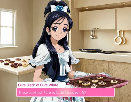 score_9, score_8_up, score_7_up, source_anime, anime screencap, baking valentines cookies, looking at viewer, blush, smile, gloves, holding, frills, food, indoors, apron, chocolate, cookie, oven mitts,
vintage-inspired kitchen, heart-shaped cookie cutters, festive themed mixing bowl, cinnamon and vanilla scent, delicate sugar decorations, cute baking apron with lace, softly glowing fairy lights,
warm wooden countertops, cookie dough rolled out, pink and white striped napkins, intricate chocolate drizzle, whipped cream piping bag, neatly arranged cookie tin, soft golden hue from oven light,
glass jar filled with heart candies, cozy homemade atmosphere, festive oven mitts with tiny hearts, gentle flour dusting over counter, pastel pink ceramic plates, love notes written on recipe pages, Cure Black & Cure White, Cure Black: Dark hair in a short, neat style with brown eyes, Cure White: Blonde hair in a similar style with blue eyes, Both have fair skin and a youthful energetic look, Complementary costumesâCure Black in a predominantly black outfit with white accents, Cure White in a predominantly white outfit with contrasting details, Sleek, modern magical girl uniforms, Team-based design emphasizing dynamic transformation sequences, curewhite