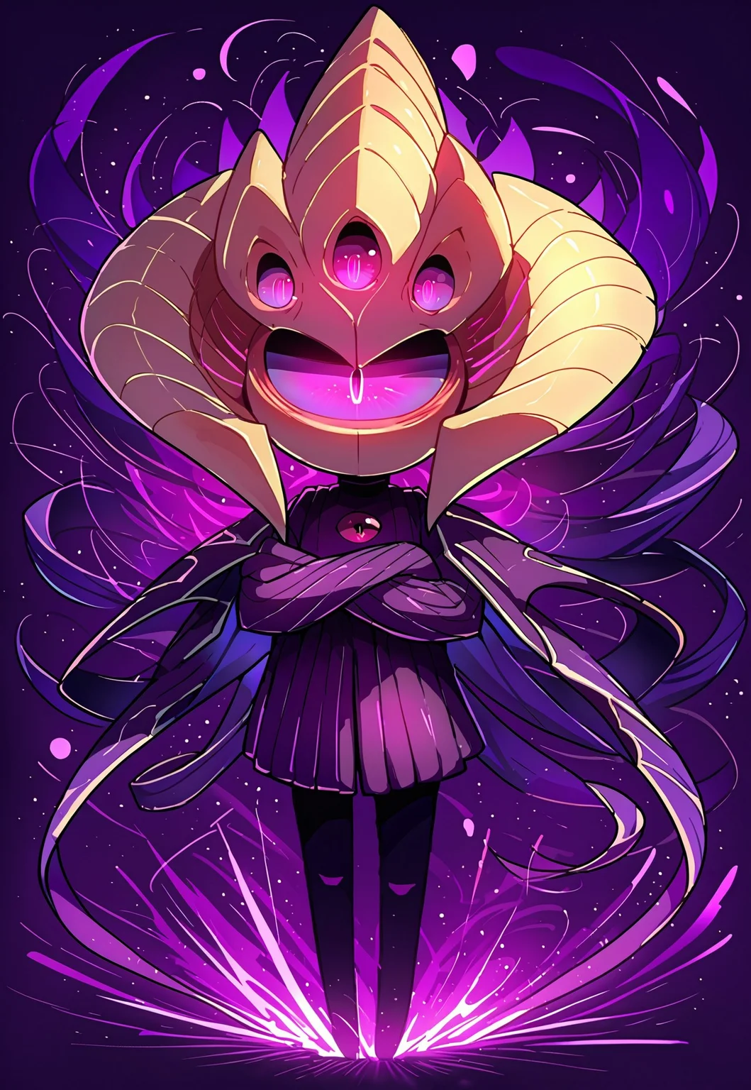 score_9, score_8_up, score_7_up, dark purple background, epic, solo, velkozpdxl, monster, male, purple eye, no facial features, mouthless, noseless, giant eye as head, humanoid body, arm crossed, full-length portrait, standing, Expressiveh