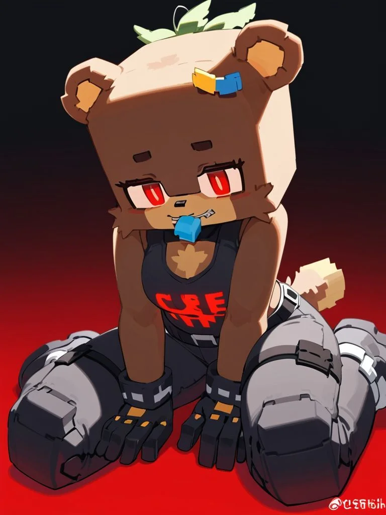 minecraft, score_9_up, score_8_up, furry female, bia, cube_head, square_zipper_mouth, teddy bear, solo, red eyes, cyber-silk dress pants, holographic performance shirt, robotic military boots, levitating holster ,,sonic sound amplifier, hands on legs, perspective, blue and red background gradient, <lora:y-Bia_SlipperyT:0.8>, ((art by Fuze))