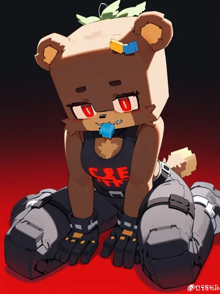 minecraft, score_9_up, score_8_up, furry female, bia, cube_head, square_zipper_mouth, teddy bear, solo, red eyes, cyber-silk dress pants, holographic performance shirt, robotic military boots, levitating holster ,,sonic sound amplifier, hands on legs, perspective, blue and red background gradient, <lora:y-Bia_SlipperyT:0.8>, ((art by Fuze))