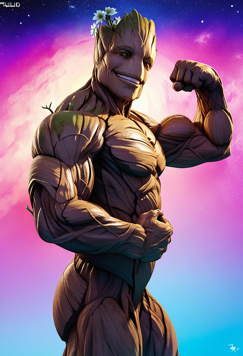 score_9, score_8_up, score_7_up, male, solo, Groot3, muscular, flora fauna, made of wood, huge muscles, bulky, pecs, alien, (noseless:1.1), amber eyes, smile, eyelids, half-closed eyes, grin, smug, flirty, seductive, expressive, looming, side view, (hip focus, cocked hip:1.1), flexing, flexing bicep, raised arm, fist, hand behind head, perfect hands, masculine, handsome, young, null, flower, sparkl, looking at viewer, head tilt, starry sky, (realistic, 3d:1.2), backlighting, sci-fi, shading, psychedelic background, rainbow colors, masterpiece, extreme detail, low-angle view, zPDXL3, zPDXLrl, zPDXLpg
