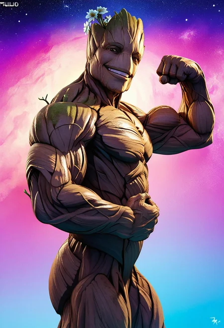 score_9, score_8_up, score_7_up, male, solo, Groot3, muscular, flora fauna, made of wood, huge muscles, bulky, pecs, alien, (noseless:1.1), amber eyes, smile, eyelids, half-closed eyes, grin, smug, flirty, seductive, expressive, looming, side view, (hip focus, cocked hip:1.1), flexing, flexing bicep, raised arm, fist, hand behind head, perfect hands, masculine, handsome, young, null, flower, sparkl, looking at viewer, head tilt, starry sky, (realistic, 3d:1.2), backlighting, sci-fi, shading, psychedelic background, rainbow colors, masterpiece, extreme detail, low-angle view, zPDXL3, zPDXLrl, zPDXLpg