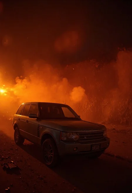 Range Rover l322 at the front of scene,the car drives through the flames, everything's on fire, there's flames on the car.. Fire illuminates dead surrounding.
horror movie themed