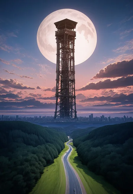<lora:wooden_lookout_tower:1> , painting, A futuristic cityscape at dusk. The central focus is an immense, towering wooden_lookout_tower kilato. The kilato's design is futuristic, with a tapering top and a complex, organic base that seems to blend seamlessly with the landscape. In the foreground, a serene river runs through a valley lined with lush, green trees. Bridges and elevated walkways connect the base of the skyscraper to the surrounding buildings. The buildings in the foreground are more modest in size, with a mix of glass and metallic facades, indicating modern architecture. In the background, the cityscape stretches into the distance, showcasing a variety of skyscrapers and high-rises, some of which are needle-like, indicating a focus on verticality and density. The sky is a gradient of deep blues and purples, with scattered, fluffy clouds casting shadows on the buildings below. The overall color palette is cool and serene, with the soft lighting enhancing the futuristic, utopian atmosphere of the scene. big white moon in the background