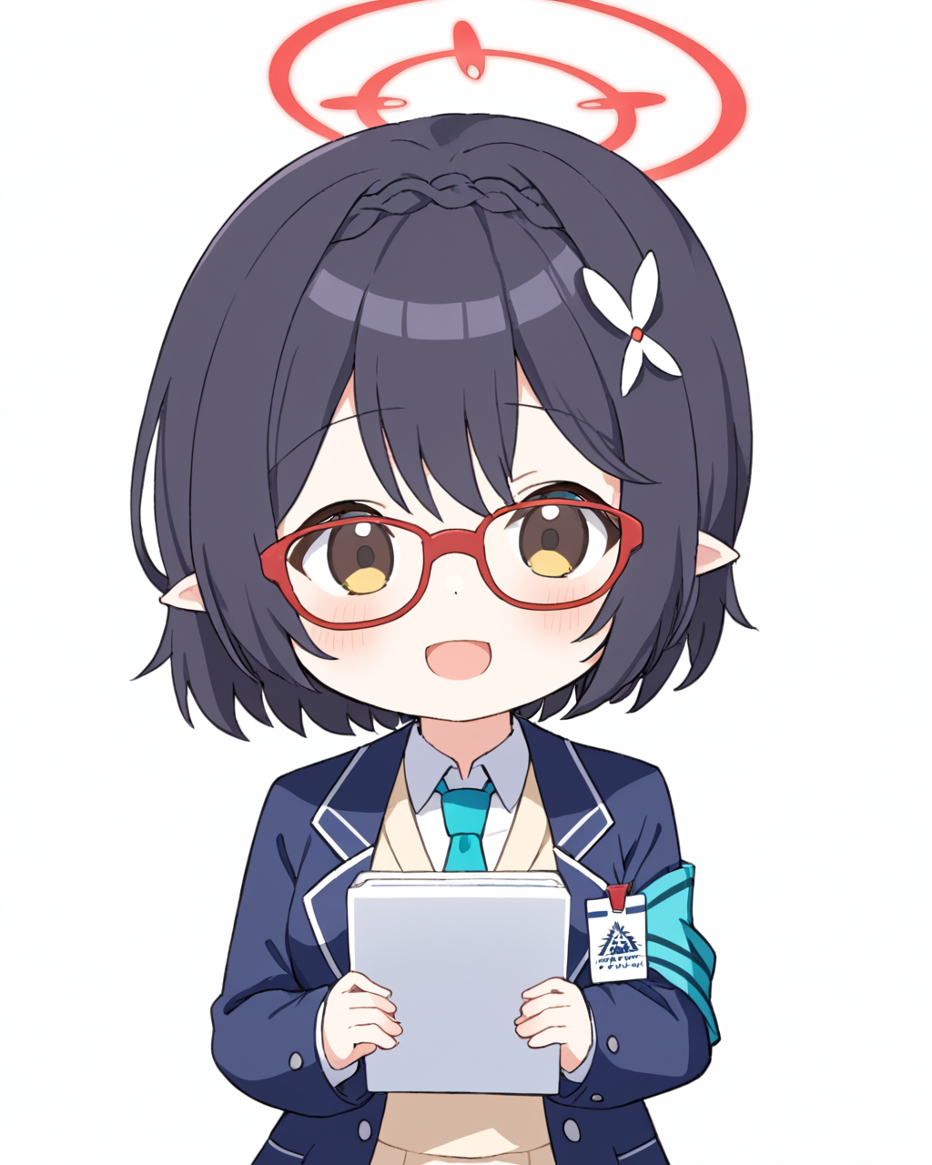 ayane \(blue archive\),1girl, halo, solo, hair_flower, white_background, braid, glasses, chibi, simple_background, :d, upper_body, school_uniform, long_sleeves, white_shirt, blue_necktie, collared_shirt, looking_at_viewer, holding_book, open_mouth, black_jacket, red-framed_eyewear, blue_jacket
<lora:ayane_(blue_archive)_image368_2023-11-26:1>halo. gorgeous,key visual, vibrant, studio anime,award-winning, professional, highly detailed,high budget, cinemascope