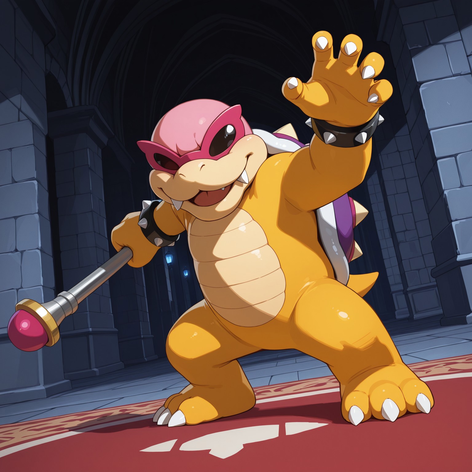 Roykoopa, 2d, Male, 1boy, solo, red sunglasses, fangs, shelled, purple spiked shell, tail, spiked bracelets, scalie, yellow skin, pink head, claws, toe claws, 3 toes, obscured eyes

BREAK inside, indoors, castle background, lights off, dynamic angle, holding wand, fighting stance

BREAK best quality, amazing quality, very aesthetic, absurdres, newest, high quality, masterpiece, highres, detailed background 