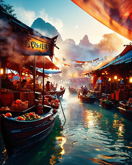 Floating market on Venus at dawn, masterpiece, fantasy, digital art, highly detailed, overall detail, atmospheric lighting, Awash in a haze of light leaks reminiscent of film photography, awesome background, highly detailed styling, studio photo, intricate details, highly detailed, cinematic, <lora:MJ52:0.6>, cinematic color grading