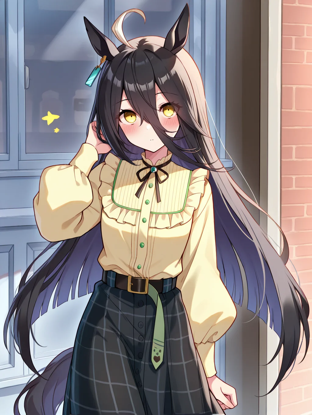 masterpiece,best quality,very aesthetic,absurdres,highres,newest,
mht casual,manhattan cafe (umamusume),
ahoge,animal ears,belt,belt buckle,black hair,black skirt,
buckle,earrings,frilled shirt collar,frills,hair between eyes,
highres,horse ears,jewelry,long hair,multicolored hair,neck ribbon,
ribbon,shirt,shirt tucked in,single earring,skirt,yellow eyes,yellow shirt,
blush,long sleeves,horse girl,black footwear,black pantyhose,
horse tail,pantyhose,tail,black belt,casual,long skirt,
very long hair,plaid,plaid skirt,puffy sleeves,eyebrows visible through hair,eyes visible through hair,
frilled shirt,puffy long sleeves,
eye_focus,<lora:eye_focus:1>,
<lora:umamusume_manhattan_cafe_ill_v1.0:1>,