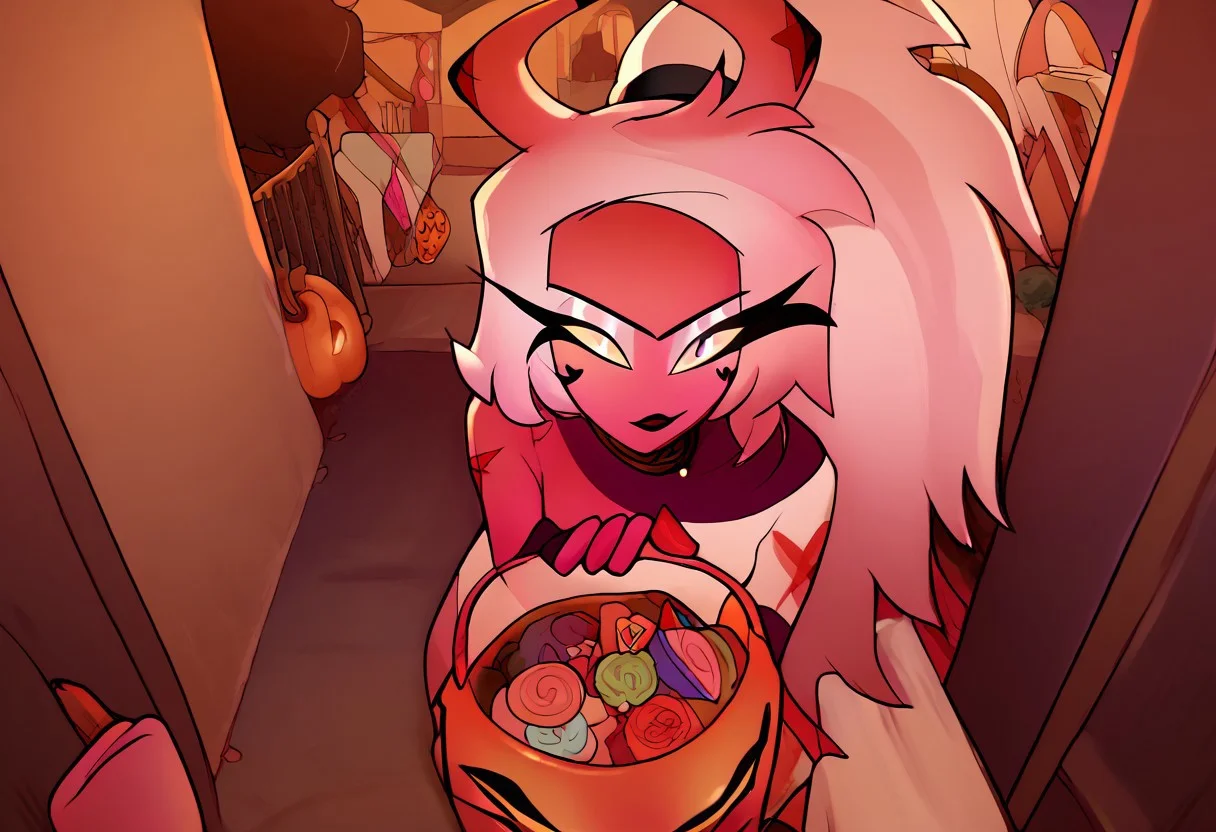 score_9, score_8_up, score_7_up, 1girl, tr1ck0rtr3at, holding, halloween bucket, doorway, door, street background, halloween costume. witch, candies. night, halloween, pov, hand, Verosika apology tour, VerosikaMayday, VerosikaApologytour