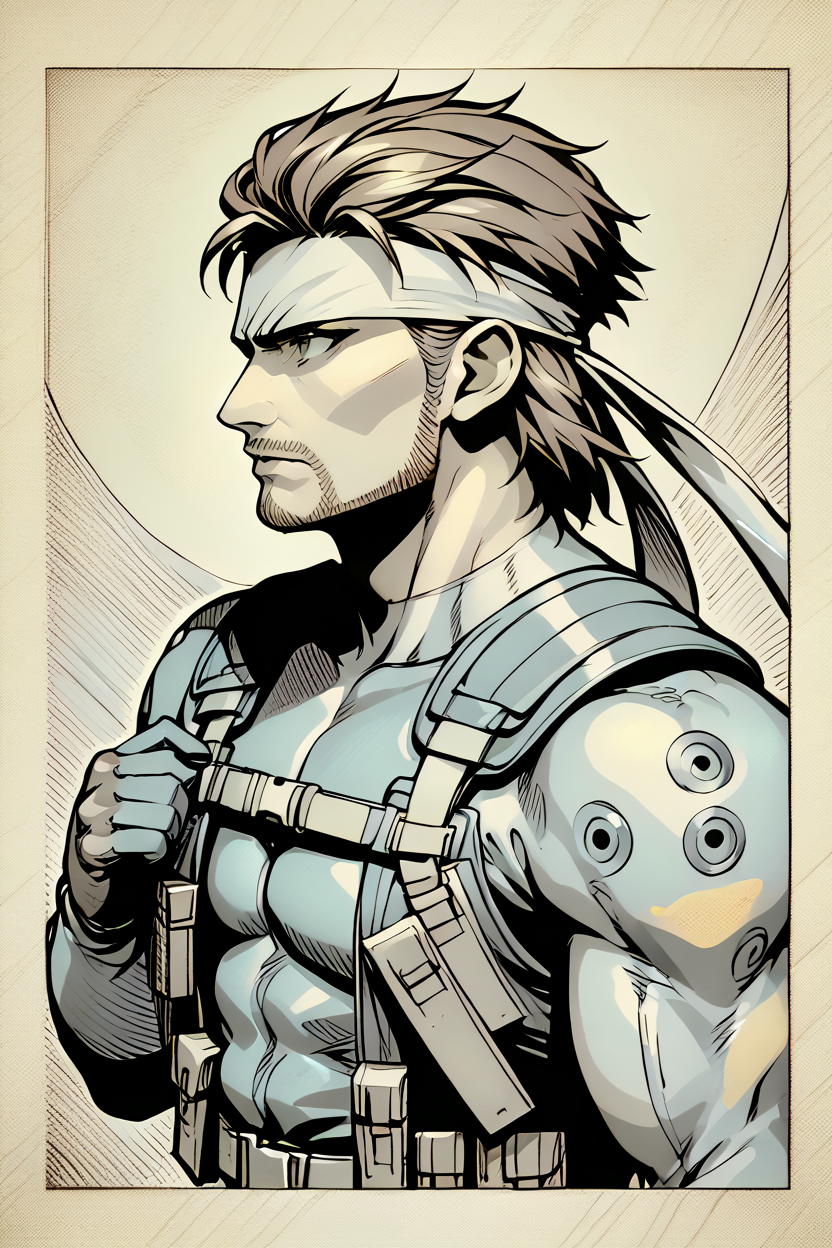 score_9, score_8_up, score_7_up, score_6_up, source_anime BREAK 1boy, solo <lora:solidsnake-pdxl-nvwls-v1:1> solidsnake, headband, brown hair, beard, facial hair, blue bodysuit, gloves, harness, belt pouch, upper body, portrait, serious, black background, expressionless, monochrome, greyscale,  <lora:traditional_slider_v1_NEGWEIGHT:-1.1> profile, border