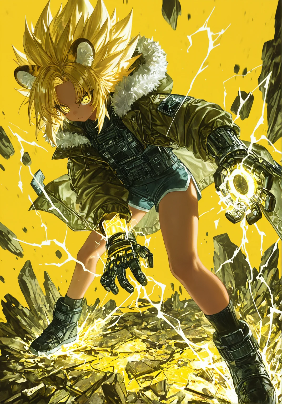 masterpiece, best quality, good quality, waterkuma, [quasarcake],
masterpiece, best quality, good quality,
1girl, naga_u, [quasarcake], angled stance, japanese, armor, fur-trim, coat, dolphin shorts, standing, yellow background, yellow hair, tiger ears, dark skin, tan, powerful ground shatter strike, electricity aura, power fist, super saiyan 3
