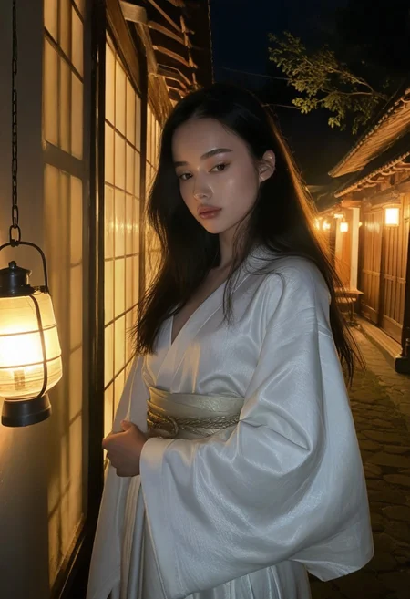 (score_9, score_8_up, score_7_up), (((1girl))), white kimono,pieces of armor, blond,strict look, solo, small breasts, perfect body, (sexy, slutty, hot) BREAK makeup, (cute face), intricate details, skinny, slim waist, detailed lips, slut makeup, slutty clothes, looking at viewer, night, lantern, dark bedroom, japanese whorehouse, regal whorehouse, detailled background, japanese medieval ambiance, cushions, curtains, futon, lascivious pose,
