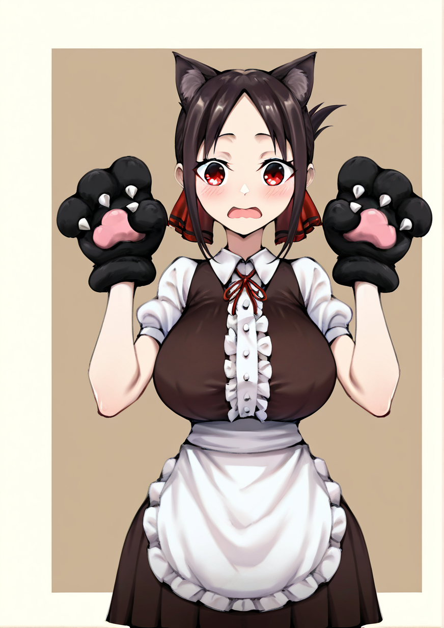 <lora:ghosty_å°ç½:1>,1girl, shinomiya kaguya, detailed background, huge breasts, wide hips, animal ears, animal hands, apron, blush, brown background, brown dress, brown hair, cat ears, center frills, collared shirt, cowboy shot, dress, folded ponytail, frills, gloves, hair ribbon, hands up, kemonomimi mode, open mouth, parted bangs, paw gloves, pleated dress, puffy short sleeves, puffy sleeves, red eyes, red ribbon, ribbon, shirt, short sleeves, sidelocks, solo, two-tone background, waist apron, wavy mouth, white apron, white shirt, 
very awa, masterpiece, best quality, highres, absurdes,amazing quality
