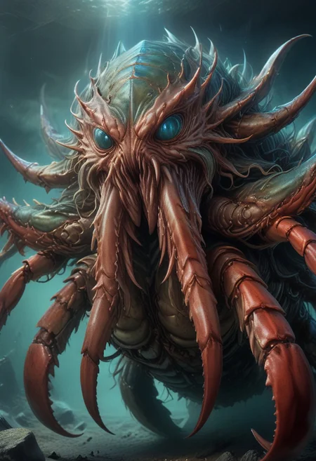 masterpiece close up, dynamic angle, high resolution, whole body visible, high details,
(crab qu4ntum), chaotic energy aura, , mechanical cthulu kraken head, blue godrays from top