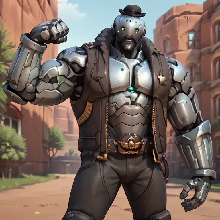 portrait of bob_ow man, (robot), bowler hat, flexing, large arms, outdoors, wild west background <lora:B.O.B._Overwatch:.9>