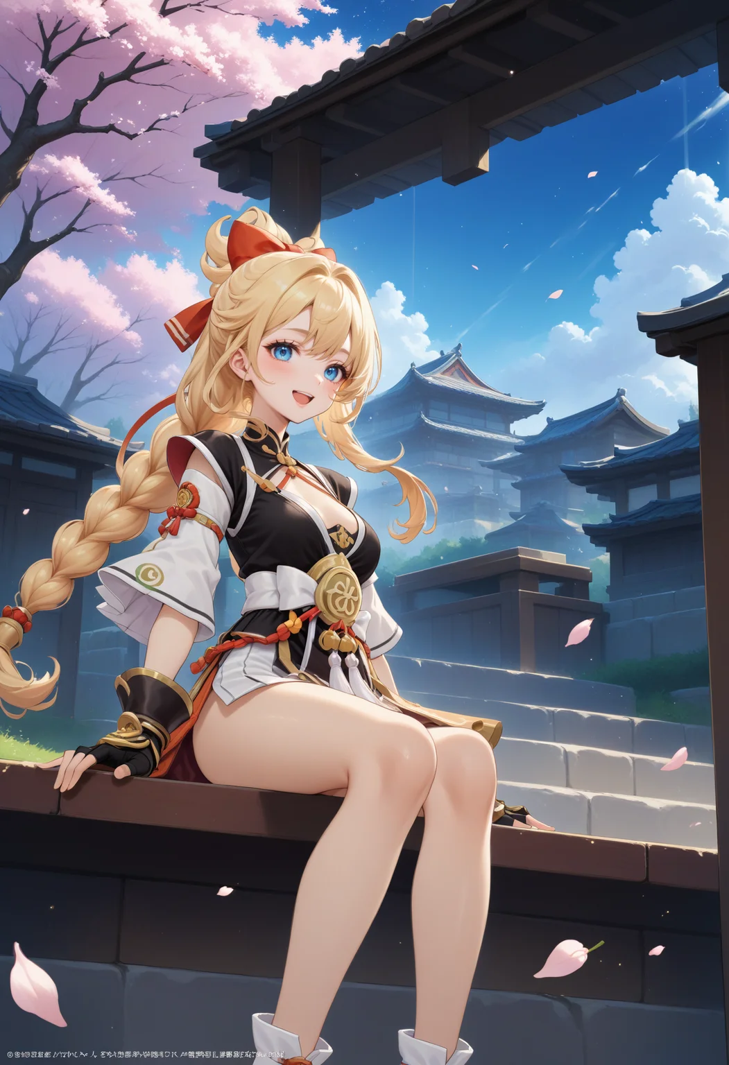 masterpiece, best quality, very aesthetic, absurdres, rom_sarah_xl,
1girl, blonde hair, braid, hair bow, blue eyes, smile, open mouth, fingerless gloves,
sitting, east asian architecture,
outdoors, cherry blossoms, (wind, falling petals, light particles:1.4), light rays, tyndall effect, vivid colors, tranquil and magical atmosphere,
shiny skin, beautiful face, beautiful eyes, extreme detailed, official art, professional illustration, hires,
<lora:rom_sarah_xl:1>, <lora:aesthetic_anime_v1s:0.5>, <lora:add_details_xl:0.5>