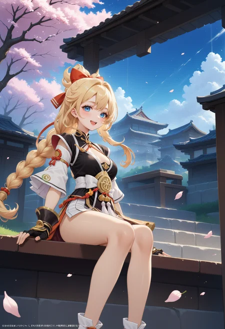 masterpiece, best quality, very aesthetic, absurdres, rom_sarah_xl,
1girl, blonde hair, braid, hair bow, blue eyes, smile, open mouth, fingerless gloves, 
sitting, east asian architecture, 
outdoors, cherry blossoms, (wind, falling petals, light particles:1.4), light rays, tyndall effect, vivid colors, tranquil and magical atmosphere,
shiny skin, beautiful face, beautiful eyes, extreme detailed, official art, professional illustration, hires,
<lora:rom_sarah_xl:1>, <lora:aesthetic_anime_v1s:0.5>, <lora:add_details_xl:0.5>