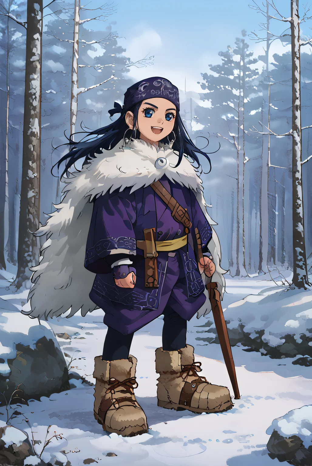 score_9, score_8_up, source_anime,
asirpa, 1girl, solo, long hair, smile, open mouth, blue eyes, black hair, blue hair, jewelry, standing, earrings, boots, cape, bow (weapon), hoop earrings, ainu clothes, bandana headband, fur cape, outdoors, forest, snow, <lora:asirpa-10:1>
<lora:Smooth Style 2 SDXL_LoRA_Pony Diffusion V6 XL:0.8>