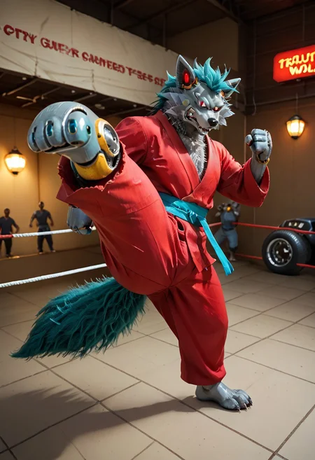 (((Barefoot furry character, full body, cinematic setting, furry male, plantigrade))) 
(((Gilliam))), wolf boy, ((red kimono and pants, training kung-fu on outdoors training ground, fighting stance, dynamic pose, perform side kick)), nice feet paws, three toes, claws, pawpad, determined look
BREAK
(((gilliam wolf, evil eye, sharp, tire body, red fluff tail, cyan hair, robot, wolf, metallic))), (((kicking, kicking at viewer, stands on one feet)))
BREAK, intricate details, highly detailed, extreme detail, octane render, fine art, best quality, highres, (detailed face:1.5), ((full_body)), UHD, (((perfect hands))), low light