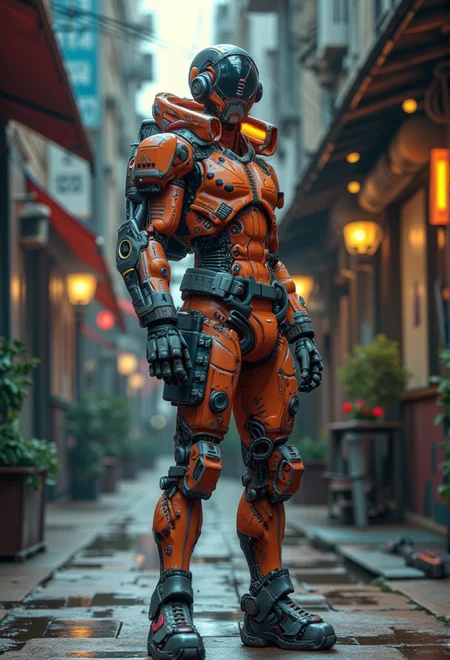 A full-body shot of a character standing confidently in a futuristic urban alley . The scene is highly detailed and realistic, capturing the essence of futuristic aesthetics, with intricate elements like metallic structures .<lora:bv-cybstyenh-v1.safetensors:1.0:1.0>