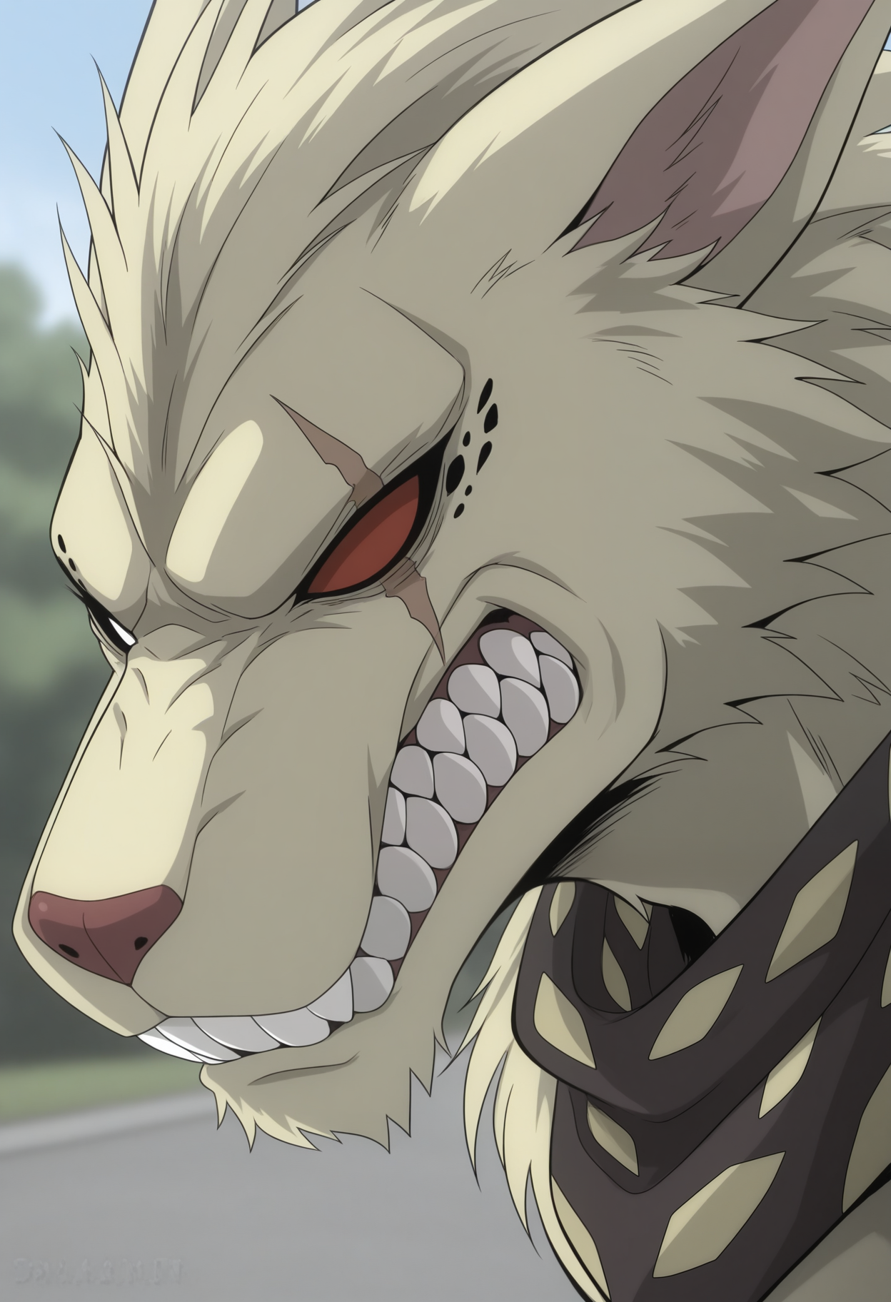 masterpiece,best quality,amazing quality, 1boy, solo, j4ck4l, furry, mismatched sclera, no pupils, red sclera, scar across eye, white sclera, polka-dot bandanna, close up, side angle, outdoors,