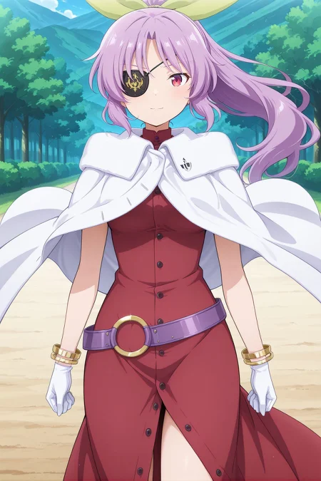 absurdres, highres, masterpiece, best quality, amazing quality, official anime artwork, screencap, anime screencap, outdoors, looking at viewer, light smile, dynamic pose, standing,
<lora:Watatsuki-no-Yorihime_Illustrious:1> watatsuki no yorihime, 1girl, solo, red eyes, puple hair, long hair, ponytail, small breasts,, watatsuki no yorihime \(peace temple of modesty and devotion\), alternate costume, hair ribbon, green ribbon, white capelet, eyepatch, red dress, open dress, pinafore dress, sleeveless dress, buttons, purple belt, loose belt, bracelet, white gloves,