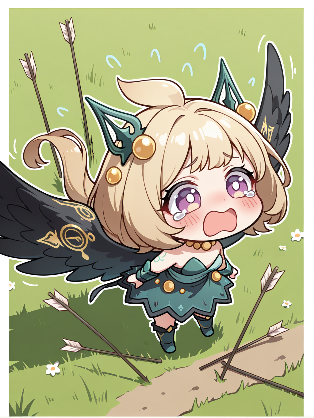 hugin the runick wings, 1girl, solo, open mouth, tears, chibi, blush, green hair ornament, green strapless dress, arrows,  full body, minigirl, yellow necklace, green vambraces, green knee boots, grass, white border, 
masterpiece,best quality,amazing quality,very aesthetic,absurdres,newest,<lora:Hugin the runick wings illuXL v1:0.75>,