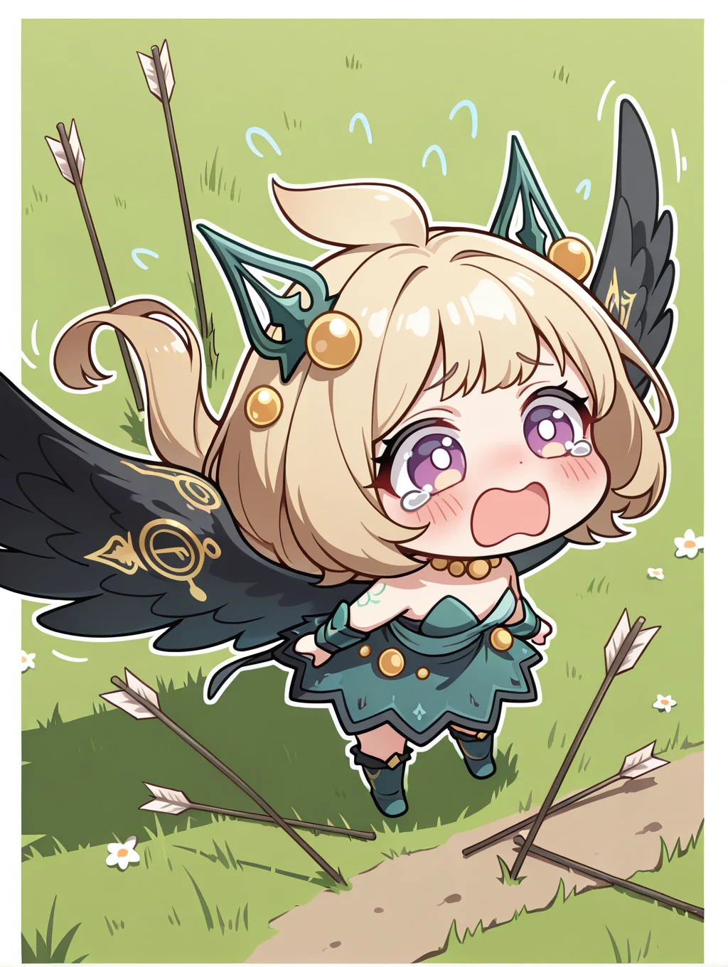 hugin the runick wings, 1girl, solo, open mouth, tears, chibi, blush, green hair ornament, green strapless dress, arrows, full body, minigirl, yellow necklace, green vambraces, green knee boots, grass, white border,
masterpiece,best quality,amazing quality,very aesthetic,absurdres,newest,<lora:Hugin the runick wings illuXL v1:0.75>,