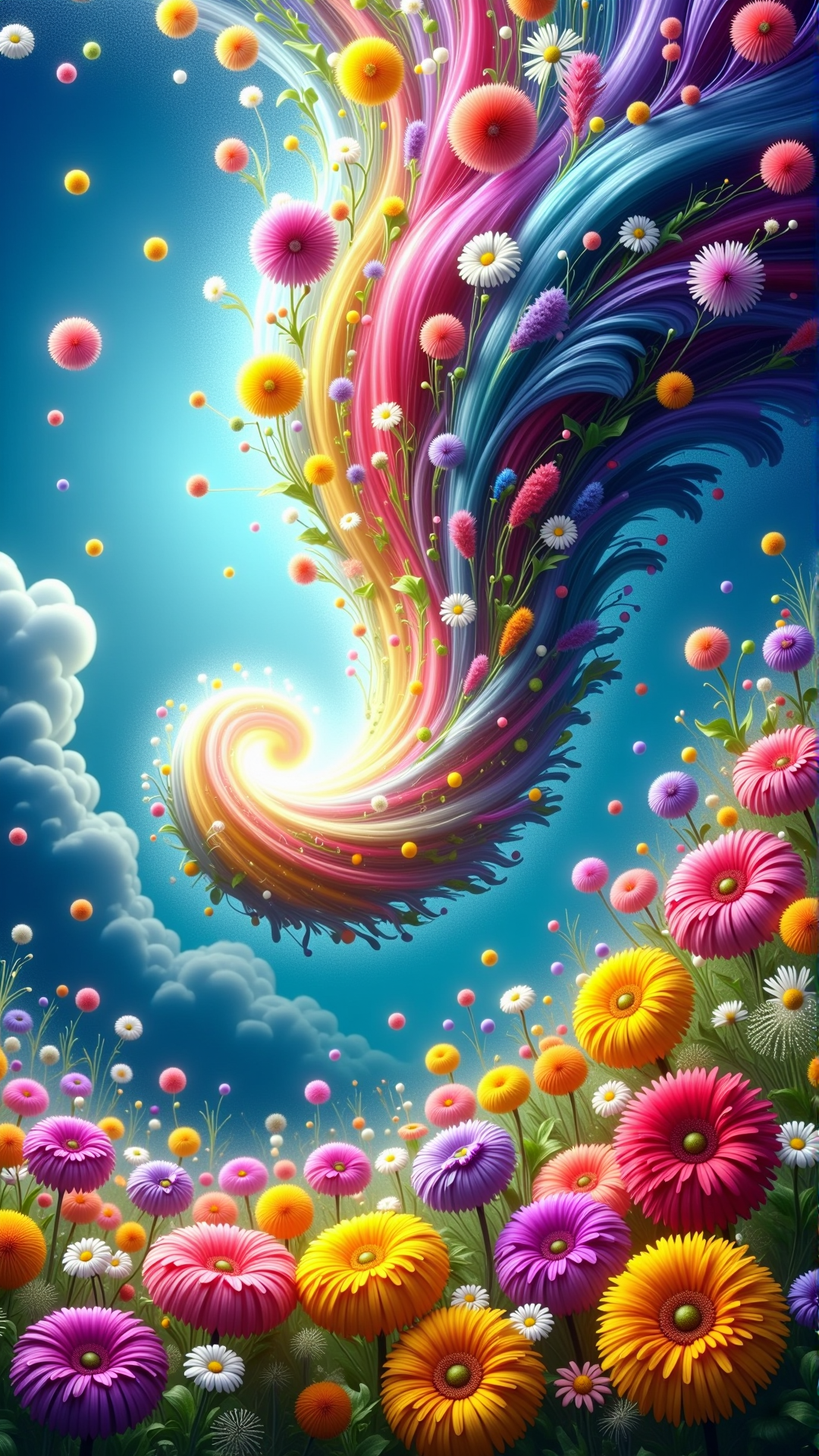 ElementMix Made from air element: Air A colossal, swirling vortex of vibrant, colorful flowers, with delicate petals of pink, yellow, blue, and purple, stretching high into the sky, the tornado's funnel cloud composed of layered, curling tendrils of blooming flora, with daisies, lilies, and sunflowers visible amidst the whirlwind, as the flowers appear to be pulled upwards, their stems and leaves stretching out like tiny, green tentacles, the center of the tornado a mesmerizing, glowing core of bright, shimmering light, surrounded by a halo of soft, feathery petals, with a few loose flowers and leaves breaking free from the vortex, gently floating downwards, like confetti, against a brilliant blue sky with a few puffy, white clouds.
<lora:ElementMixFlux:0.9>