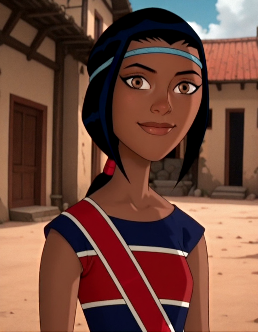 kaiOS, kaiOS outfit2, 1girl, solo, dark-skinned female, brown eyes, long hair, ponytail, headband, black hair, dress, flag print, smile, looking at viewer, upper body, day, sky, detailed, masterpiece,best quality,amazing quality,