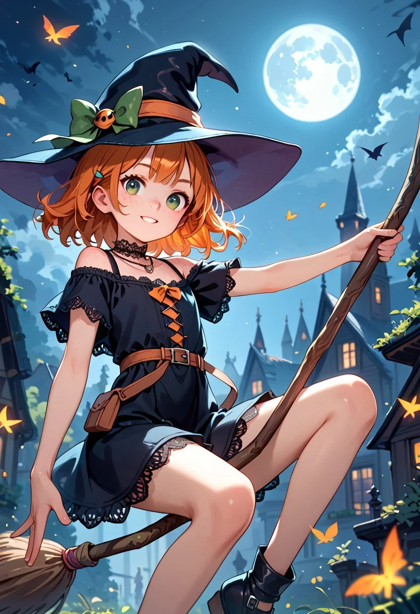 score_9, score_8_up, score_7_up, high quality, 1girl, riding a flying broomstick, young witch, petite, short black dress, lace choker necklace, witch hat, adorable face, beautiful green eyes, ginger hair, freckles, full moon