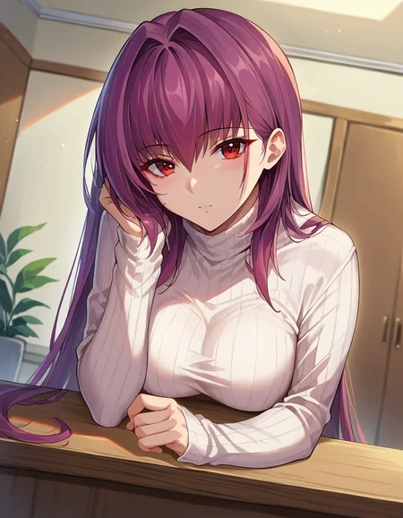 score_9, score_8_up, score_7_up, source_anime,
scathach, <lora:scathach-ponyxl-lora-nochekaiser:1>,
scathach, long hair, purple hair, red eyes,
long sleeves, ribbed sweater, sweater, turtleneck, turtleneck sweater, white sweater,
indoors, bent over,
looking at viewer, dutch angle, cowboy shot,