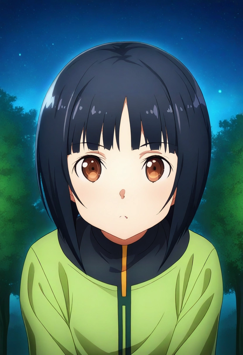 masterpiece, best quality, , , looking at viewer, , 1girl, brown eyes, black hair, chin-length bob, ,, solo, jungle observatory, tree platforms, vine telescopes, research stations, observing pose, curious expression, night, <lora:sao_alicization_style_ilxl:0.96>, sao_alicization_style,
