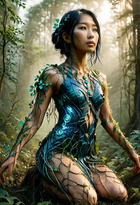 a korean-japanese woman with turquoise eyes, black night hair with glowing electric blue strands, soft satin skin, wearing a futuristic cybernetic bodice with glowing blue circuitry on her chest, arms and shoulders, her lower body wrapped in living roots and flowering vines emerging from the mossy ground, the roots wrapping around her hips and legs like a gown, merging with the soil, a bioluminescent forest glade with rays of light filtering through the canopy, soft fog near the ground, ethereal atmosphere, highly detailed, organic-tech fusion, cyberbotanical dress from the earth, mystical presence