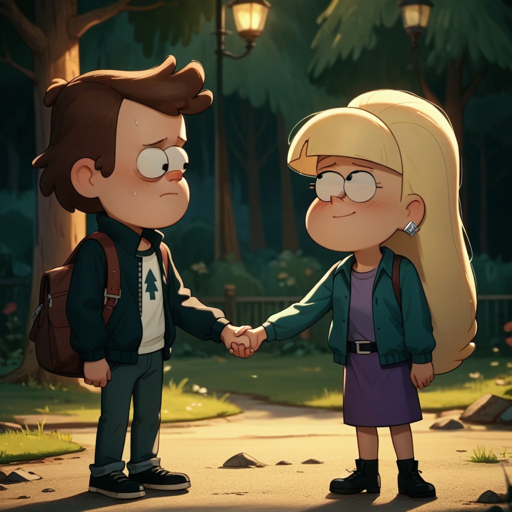 score_9, score_8_up, score_7_up, score_6_up, score_5_up, score_4_up, 1boy, 1girl, DipCif, holding hands, blushing, embarrassed, in the woods, rich colors,