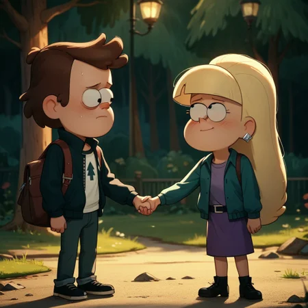 score_9, score_8_up, score_7_up, score_6_up, score_5_up, score_4_up, 1boy, 1girl, DipCif, holding hands, blushing, embarrassed, in the woods, rich colors,