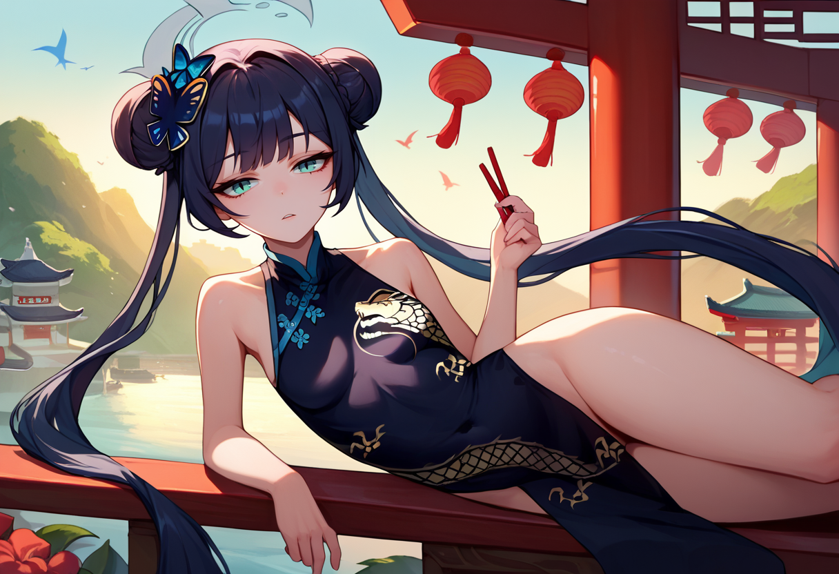 score_9, score_8_up, score_7_up, 1girl, ksak, black hair, double bun, low twintails, hair ornament, china dress, east asian architecture, east asian mythology, dragon, outdoors, looking at viewer, dusk,     <lora:Kisaki 3-000007:1>